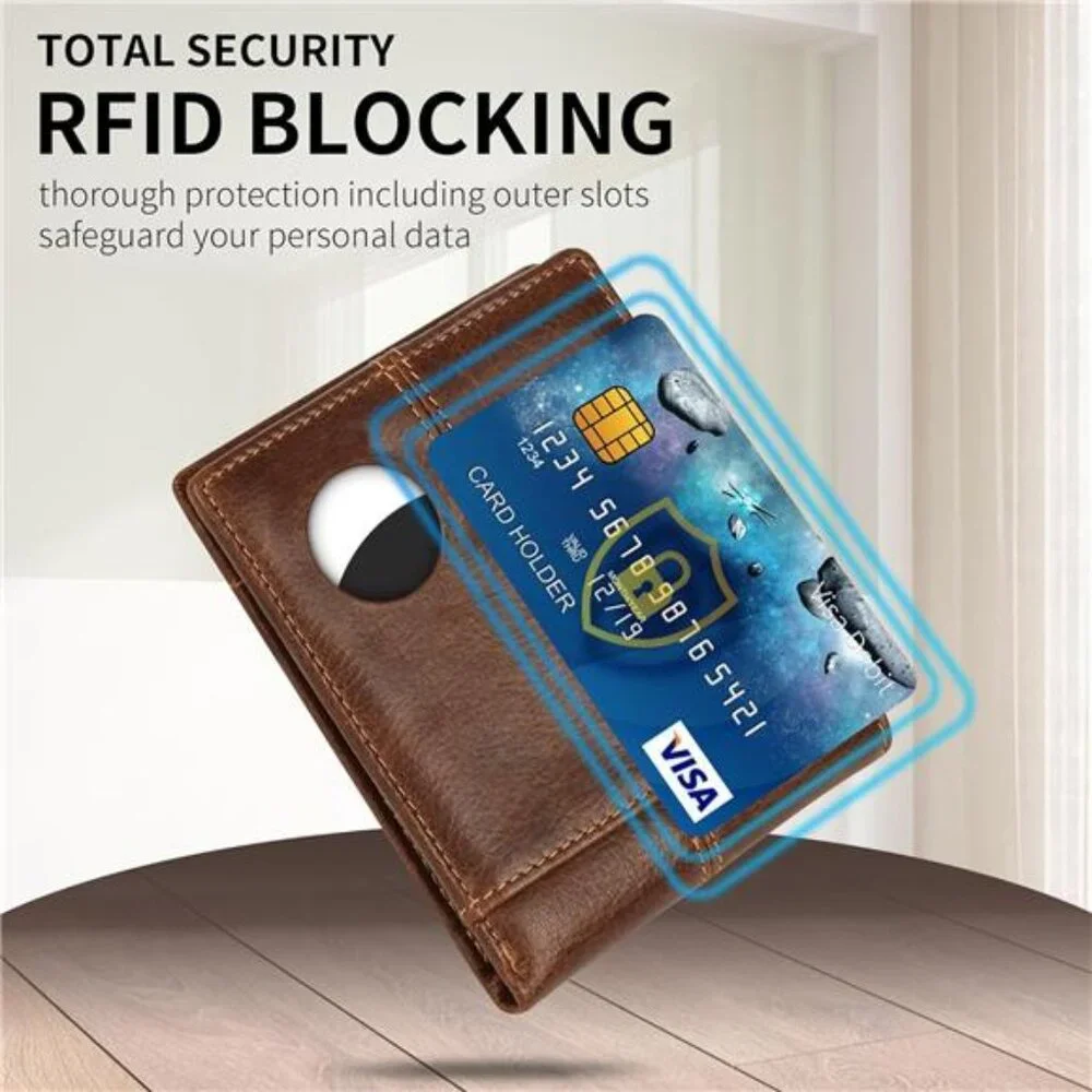 AirTag Wallet Mens RFID Blocking Genuine Bifold Leather Wallets